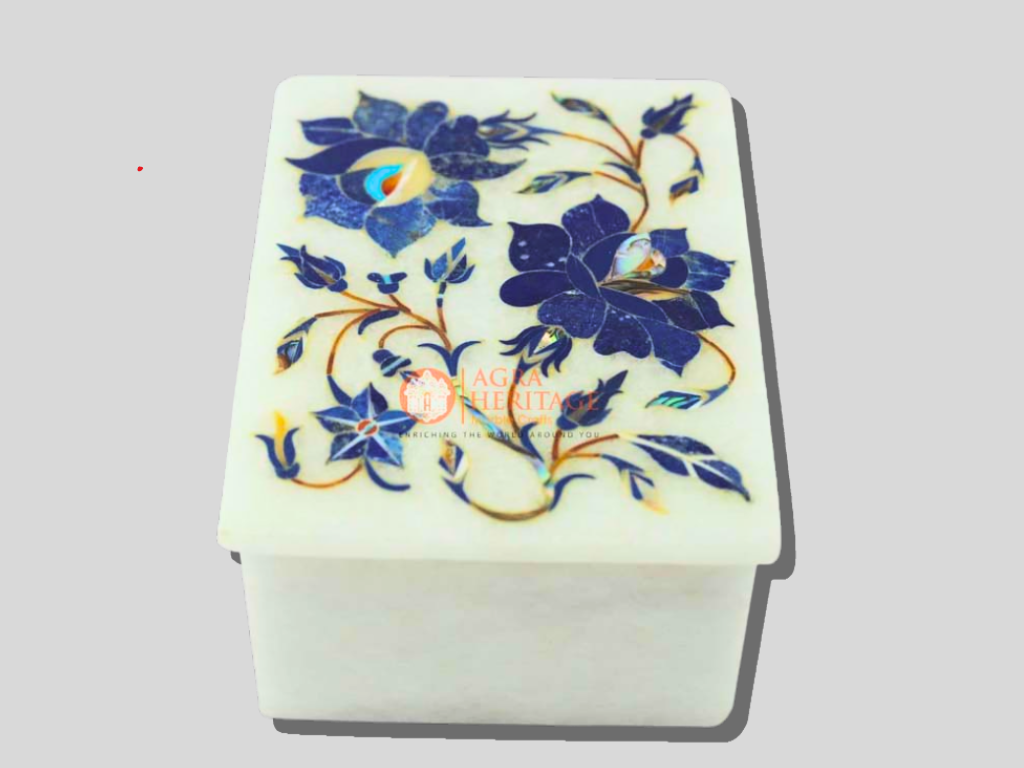 Lapis Floral Art White Marble Jewelry Box